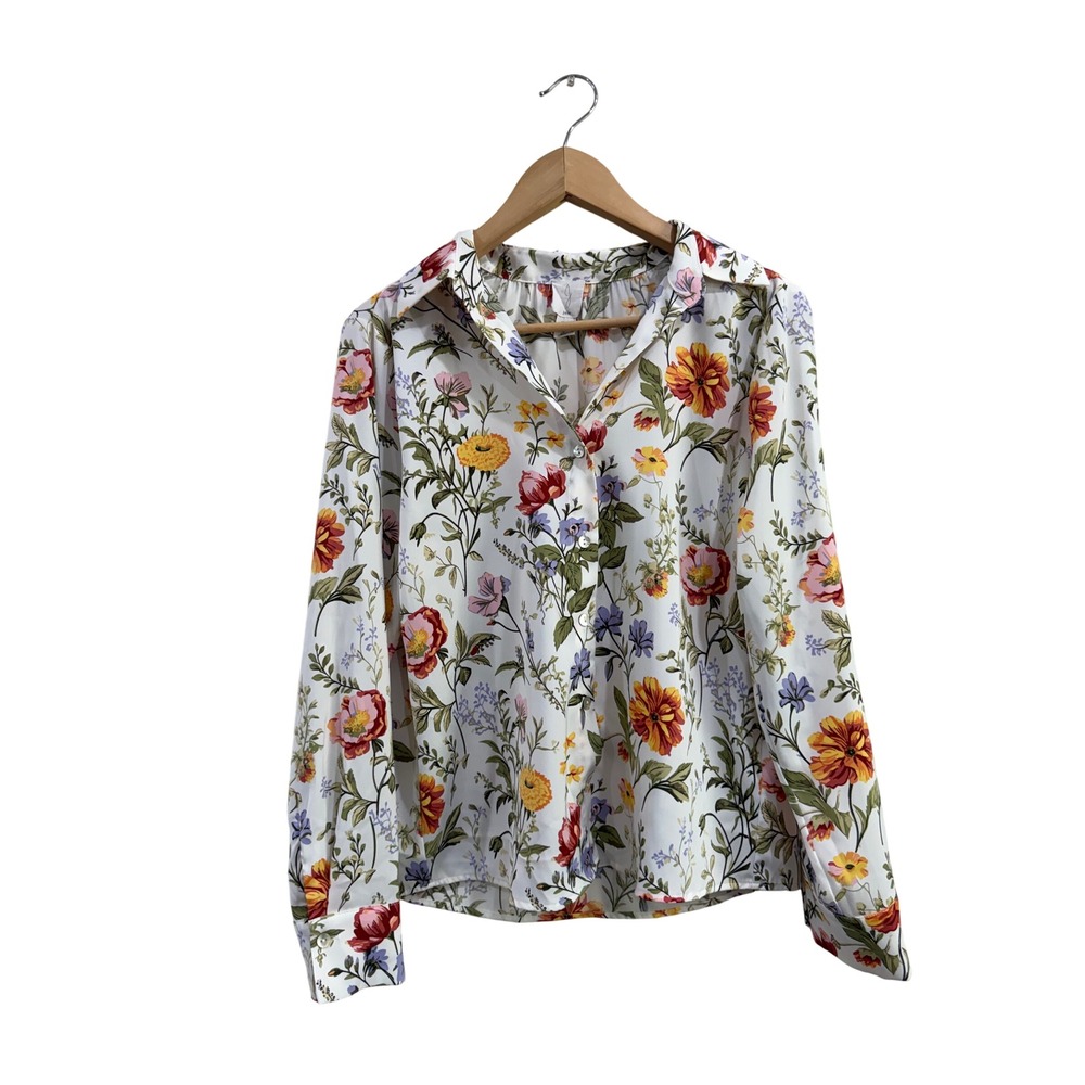Joie Floral Print Button Down Blouse White Garden Botanical Long Sleeve Medium